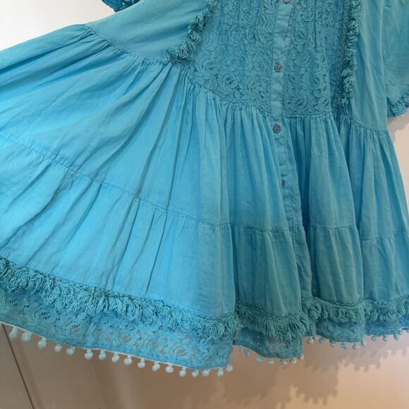Antica Sartoria By Giacomo Cinque Blouse Size 12 Blue Lace Pom Poms Ruffle Swing - Picture 3 of 14